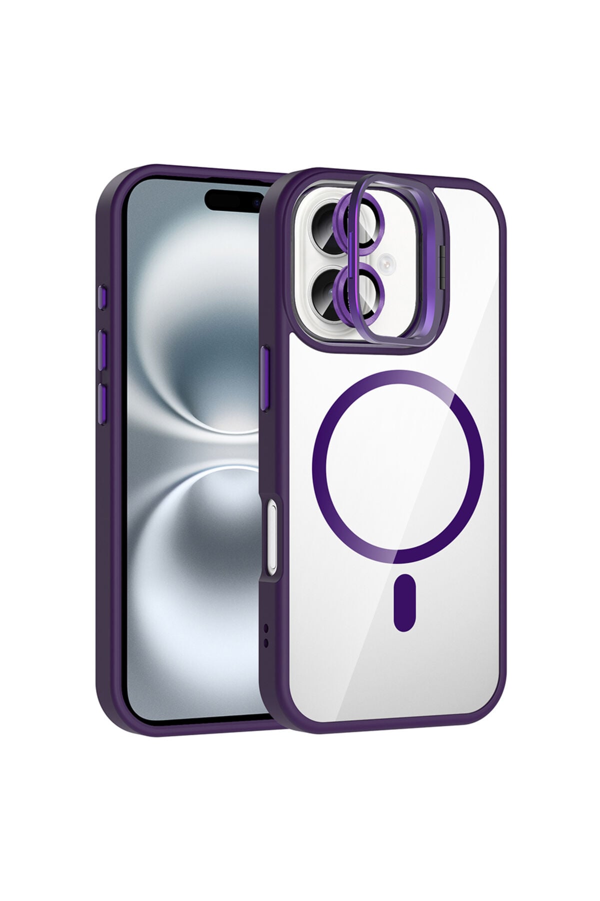iPhone 16 Kılıf Standlı ve Kamera Lens Hediyeli M-Safe Şarj Özellikli Zore Etro Kapak - Desert Titan Derin Mor