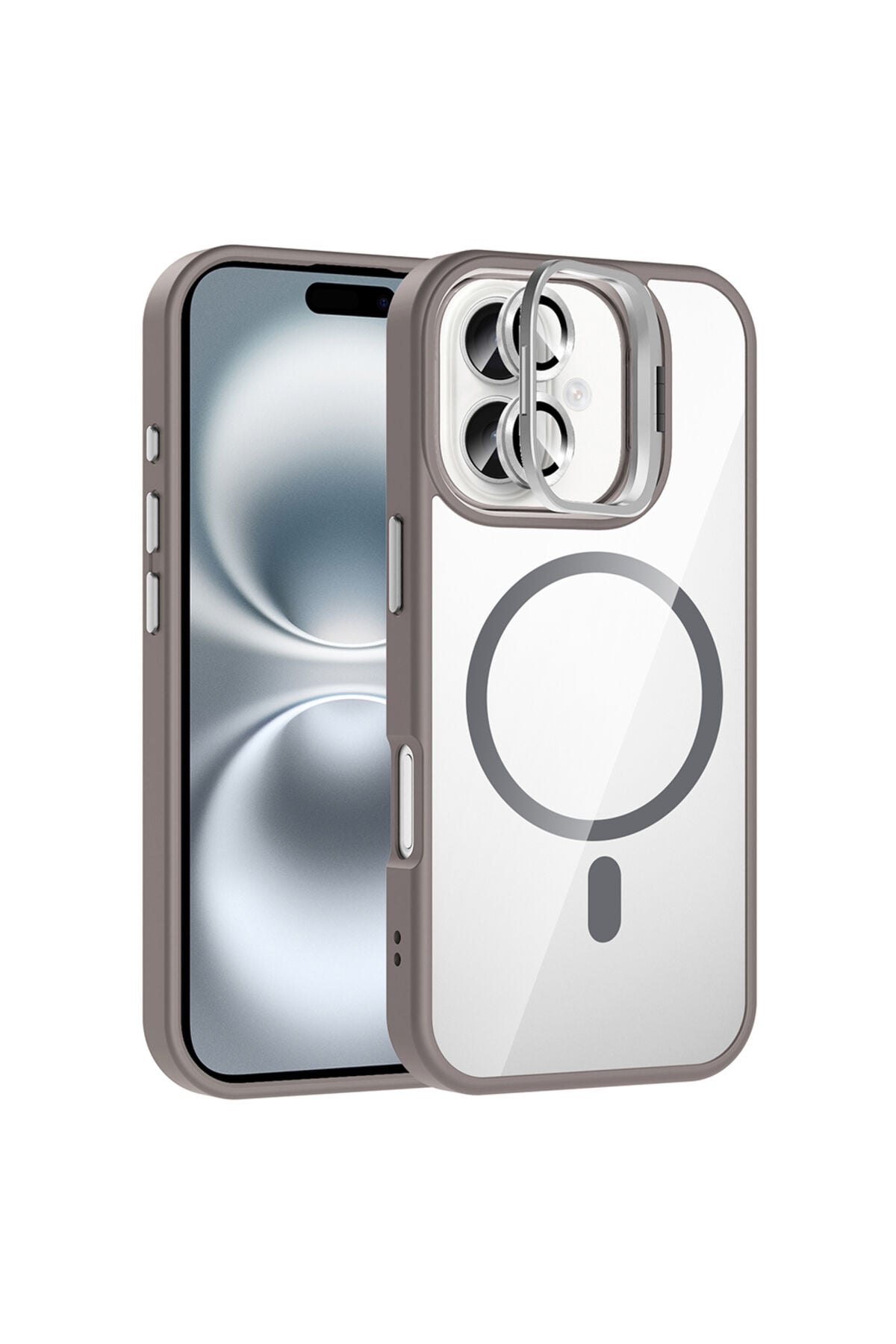 iPhone 16 Plus Kılıf Standlı ve Kamera Lens Hediyeli M-Safe Şarj Özellikli Zore Etro Kapak - Desert Şeffaf