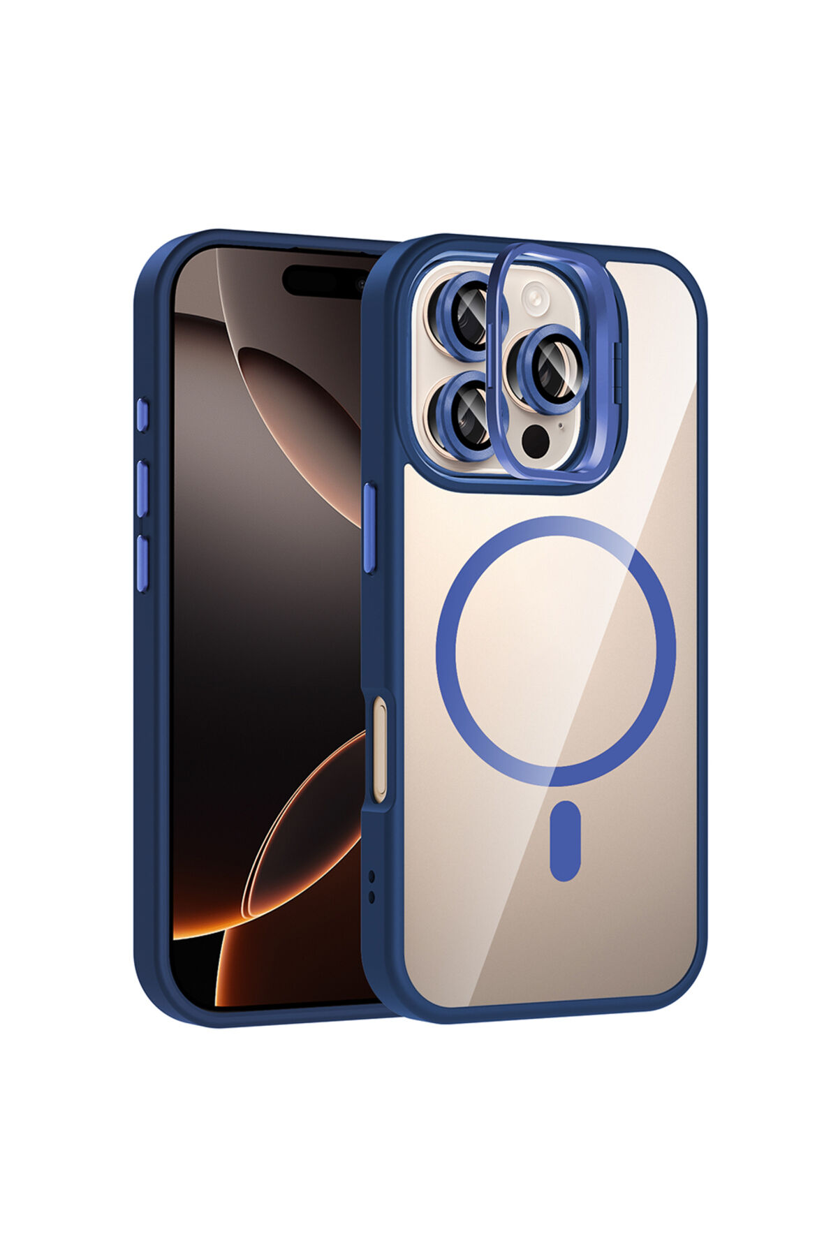 iPhone 16 Pro Kılıf Standlı ve Kamera Lens Hediyeli M-Safe Şarj Özellikli Zore Etro Kapak - Siyah Siyah