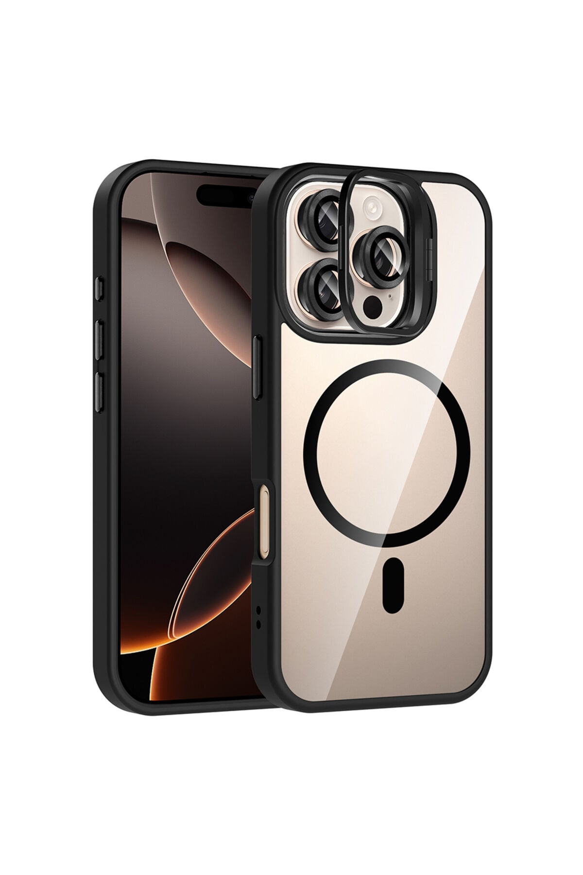 iPhone 16 Pro Kılıf Standlı ve Kamera Lens Hediyeli M-Safe Şarj Özellikli Zore Etro Kapak - Siyah Siyah