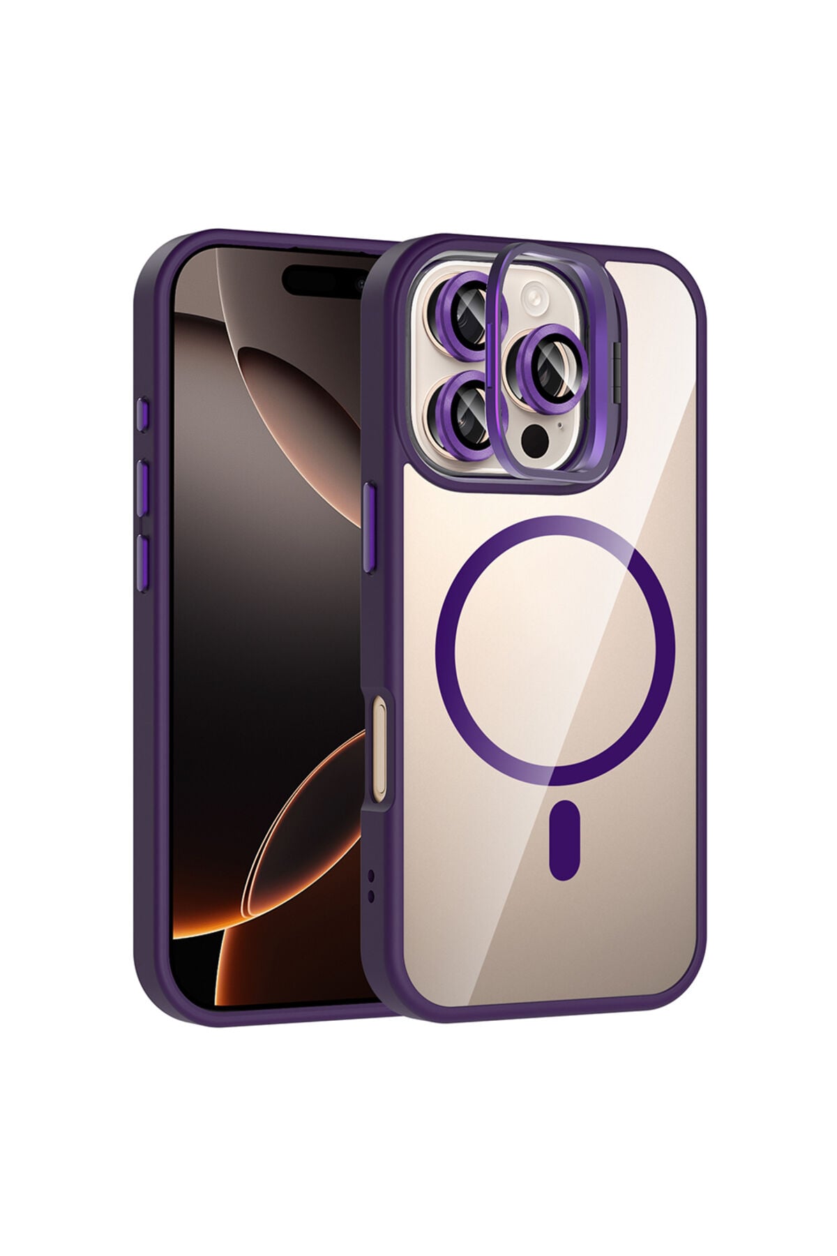 iPhone 16 Pro Kılıf Standlı ve Kamera Lens Hediyeli M-Safe Şarj Özellikli Zore Etro Kapak - Siyah Derin Mor