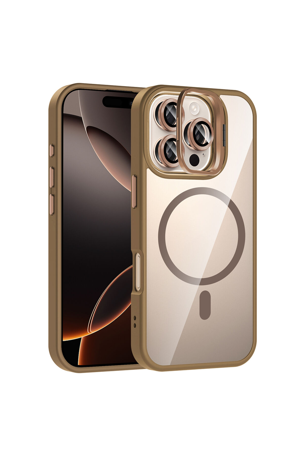 iPhone 16 Pro Kılıf Standlı ve Kamera Lens Hediyeli M-Safe Şarj Özellikli Zore Etro Kapak - Siyah Desert Titanyum