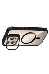 iPhone 16 Pro Kılıf Standlı ve Kamera Lens Hediyeli M-Safe Şarj Özellikli Zore Etro Kapak - Siyah Gri