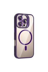 iPhone 16 Pro Kılıf Standlı ve Kamera Lens Hediyeli M-Safe Şarj Özellikli Zore Etro Kapak - Siyah Gri