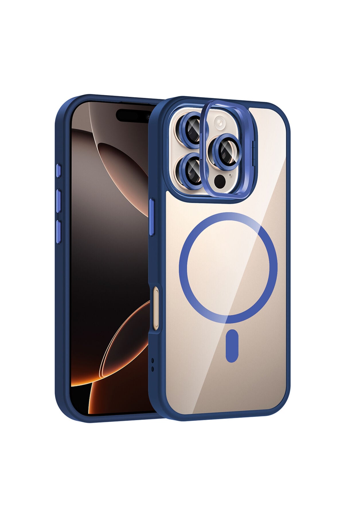 iPhone 16 Pro Kılıf Standlı ve Kamera Lens Hediyeli M-Safe Şarj Özellikli Zore Etro Kapak - Siyah Lacivert