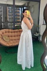 Büzgü Detaylı Askılı Maxi Elbise Beyaz - L
