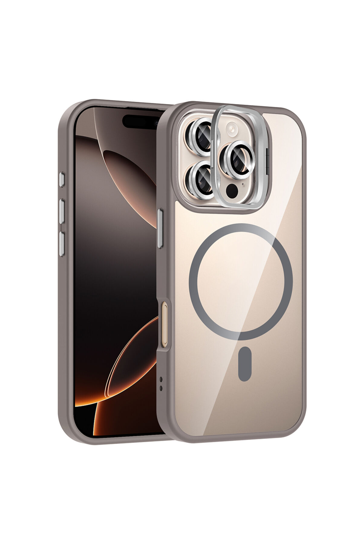 iPhone 16 Pro Max Kılıf Standlı ve Kamera Lens Hediyeli M-Safe Şarj Özellikli Zore Etro Kapak - Gri Gri