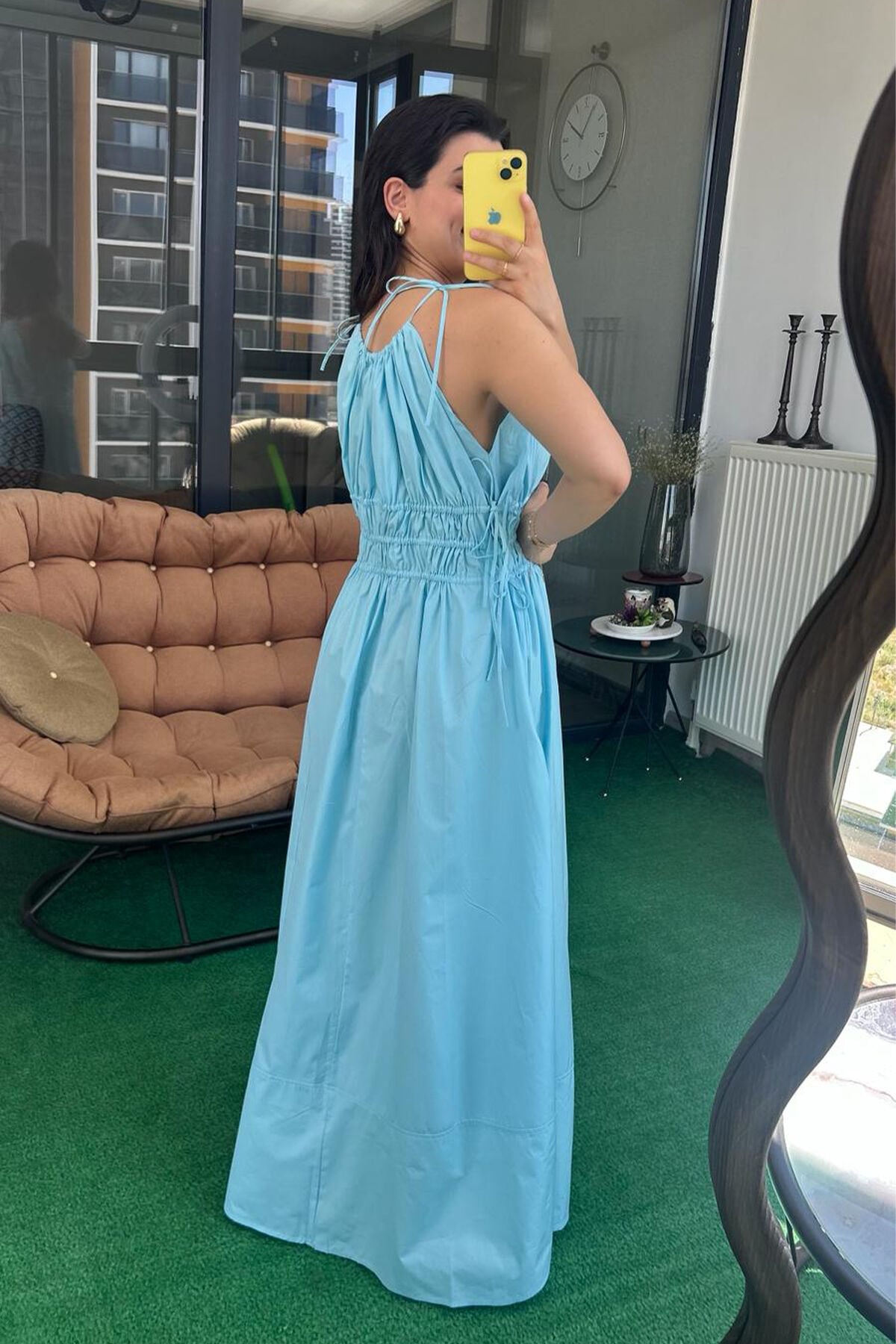 Büzgü Detaylı Askılı Maxi Elbise Mavi - L