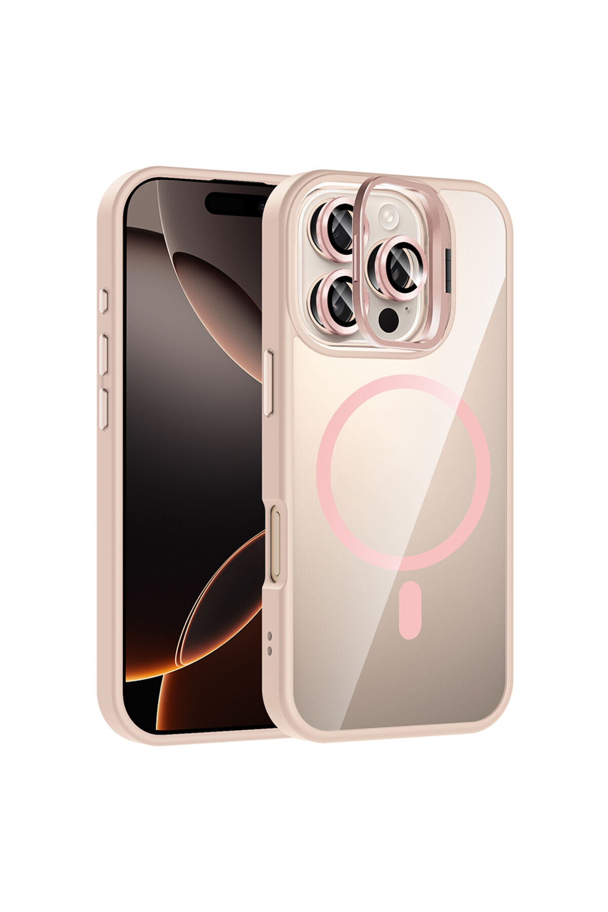 iPhone 16 Pro Max Kılıf Standlı ve Kamera Lens Hediyeli M-Safe Şarj Özellikli Zore Etro Kapak - Gri Pembe