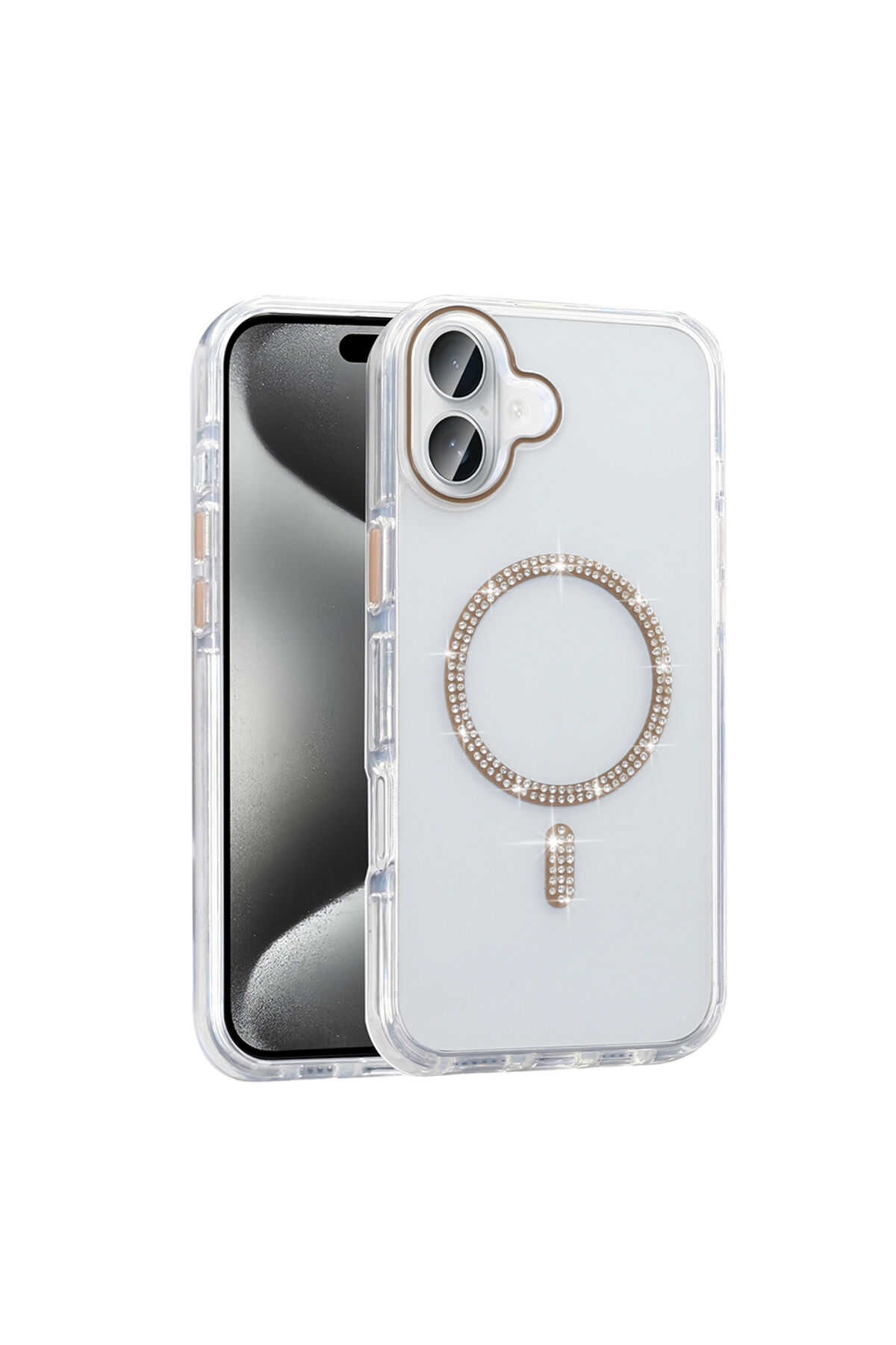 iPhone 16 Kılıf Taşlı Tasarım M-safe Şarj Özellikli SEKO Koment Silikon Kapak - Gold Altın