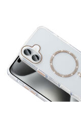 iPhone 16 Plus Kılıf Taşlı Tasarım M-safe Şarj Özellikli Zore Koment Silikon Kapak - Gümüş Gümüş