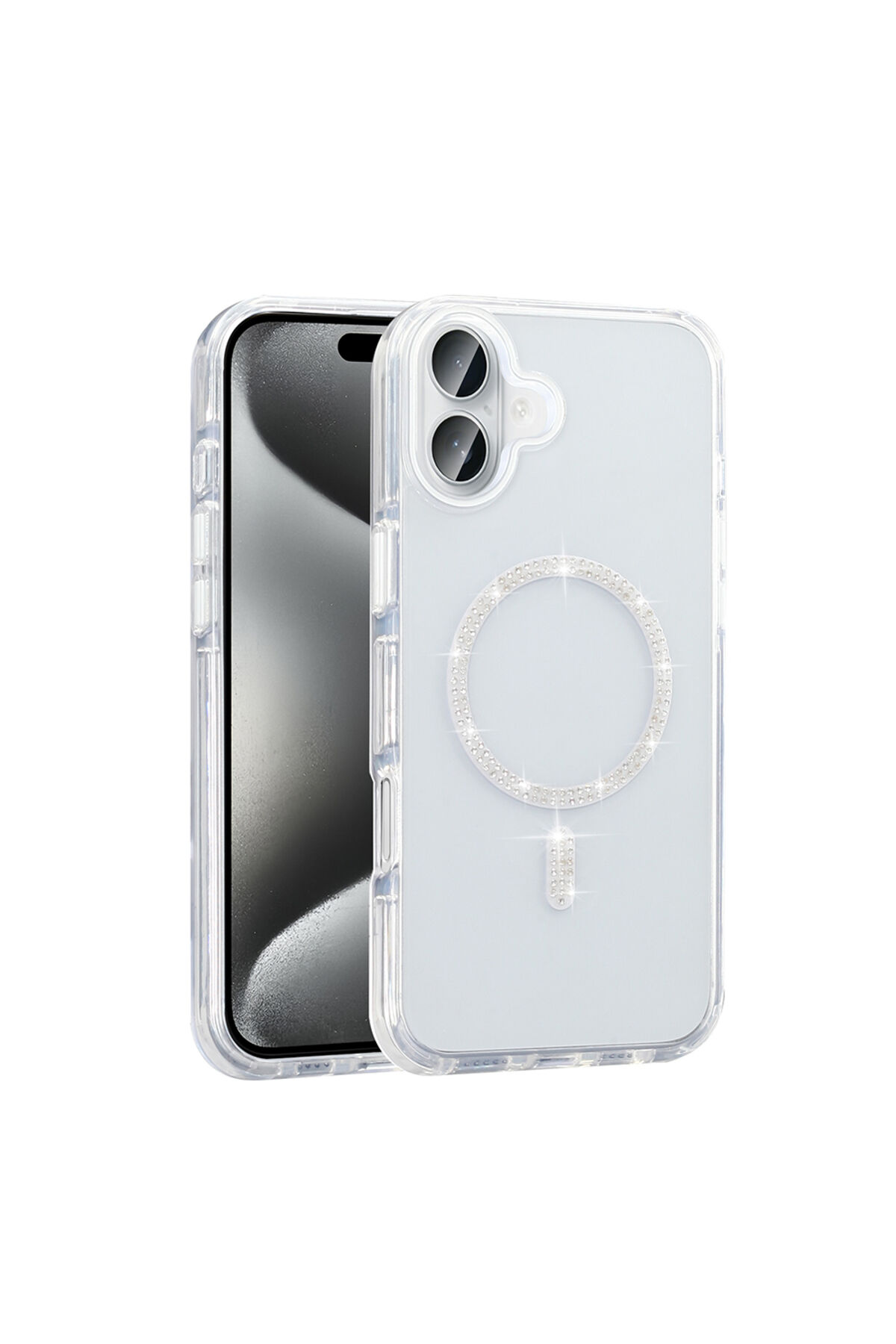 iPhone 16 Plus Kılıf Taşlı Tasarım M-safe Şarj Özellikli Zore Koment Silikon Kapak - Gümüş Altın