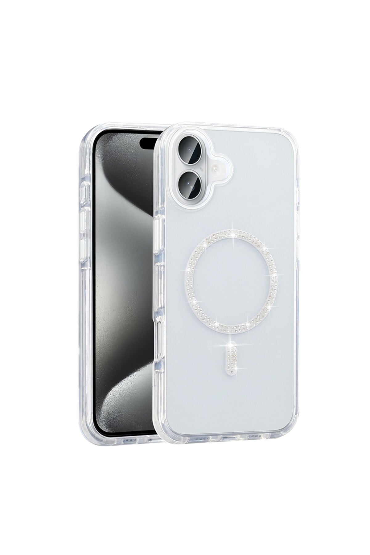 iPhone 16 Pro Kılıf Taşlı Tasarım M-safe Şarj Özellikli Zore Koment Silikon Kapak - Gümüş Gümüş