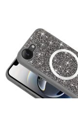 iPhone 16E Kılıf Pırlanta Tasarımlı M-safe Şarj Özellikli Zore Mozaik Silikon Kapak - Desert Titanyu Desert Titanyum