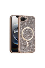 iPhone 16E Kılıf Pırlanta Tasarımlı M-safe Şarj Özellikli Zore Mozaik Silikon Kapak - Desert Titanyu Desert Titanyum