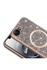 iPhone 16E Kılıf Pırlanta Tasarımlı M-safe Şarj Özellikli Zore Mozaik Silikon Kapak - Desert Titanyu Desert Titanyum
