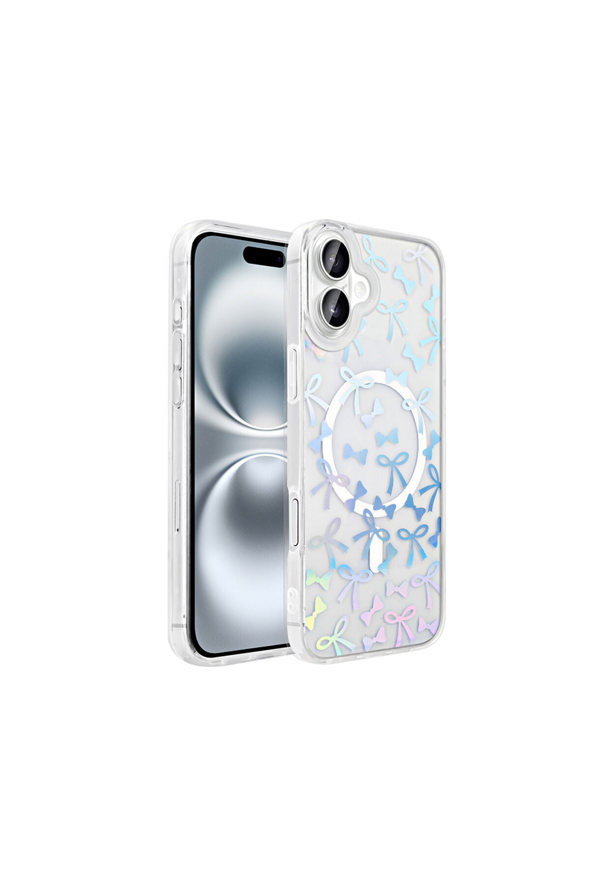 iPhone 16 Plus Kılıf M-Safe Şarj Özellikli Şeffaf Zore Folk Sert Kapak - Fiyonk Beyaz