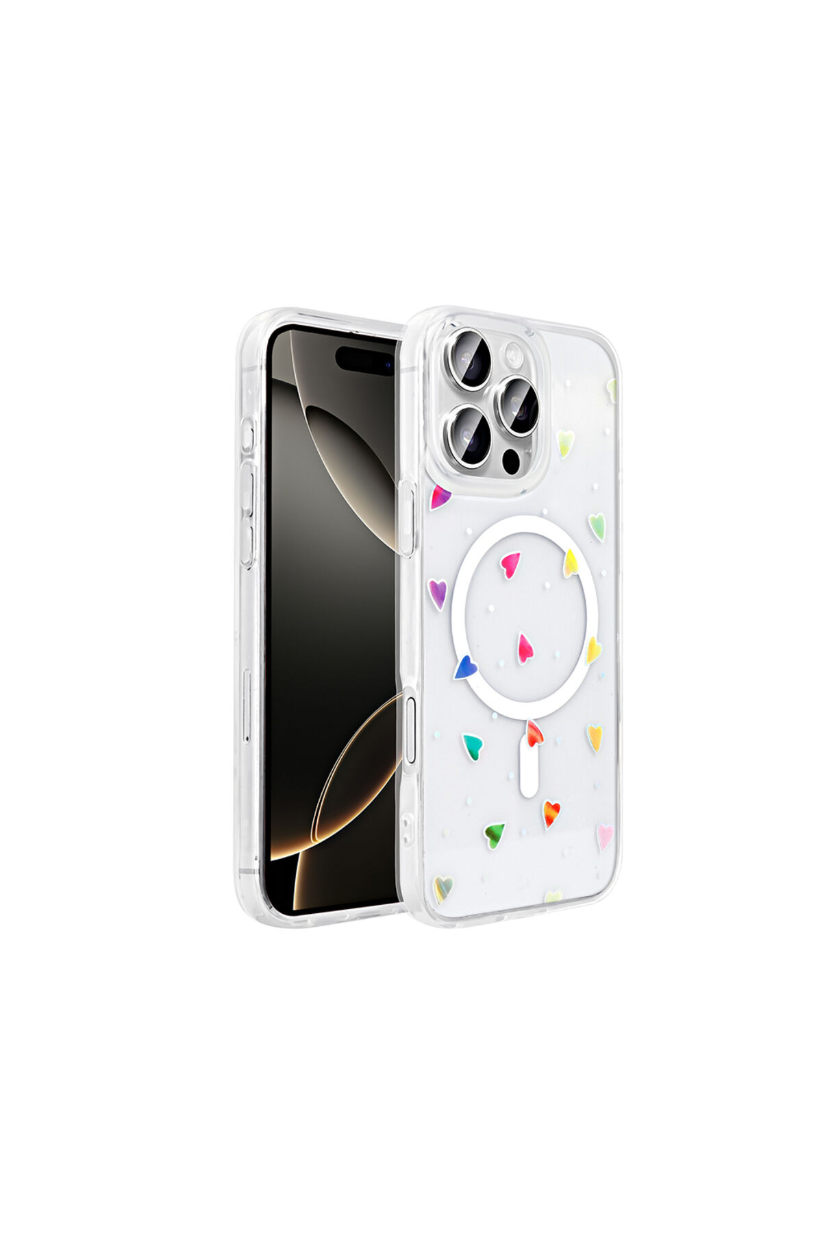 iPhone 16 Pro Kılıf M-Safe Şarj Özellikli Şeffaf AKRE Folk Sert Kapak - Fiyonk Beyaz