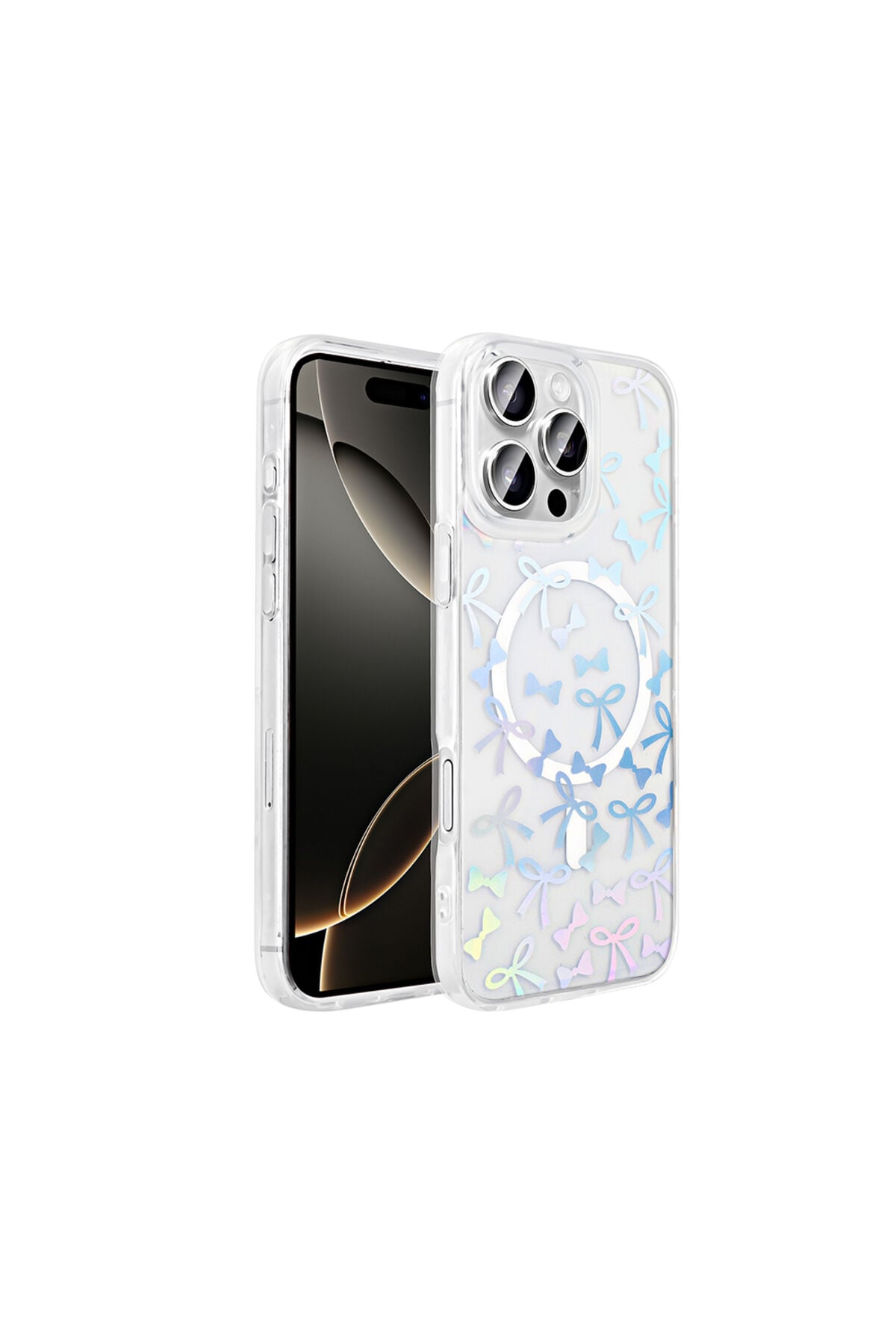 iPhone 16 Pro Kılıf M-Safe Şarj Özellikli Şeffaf AKRE Folk Sert Kapak - Fiyonk Beyaz
