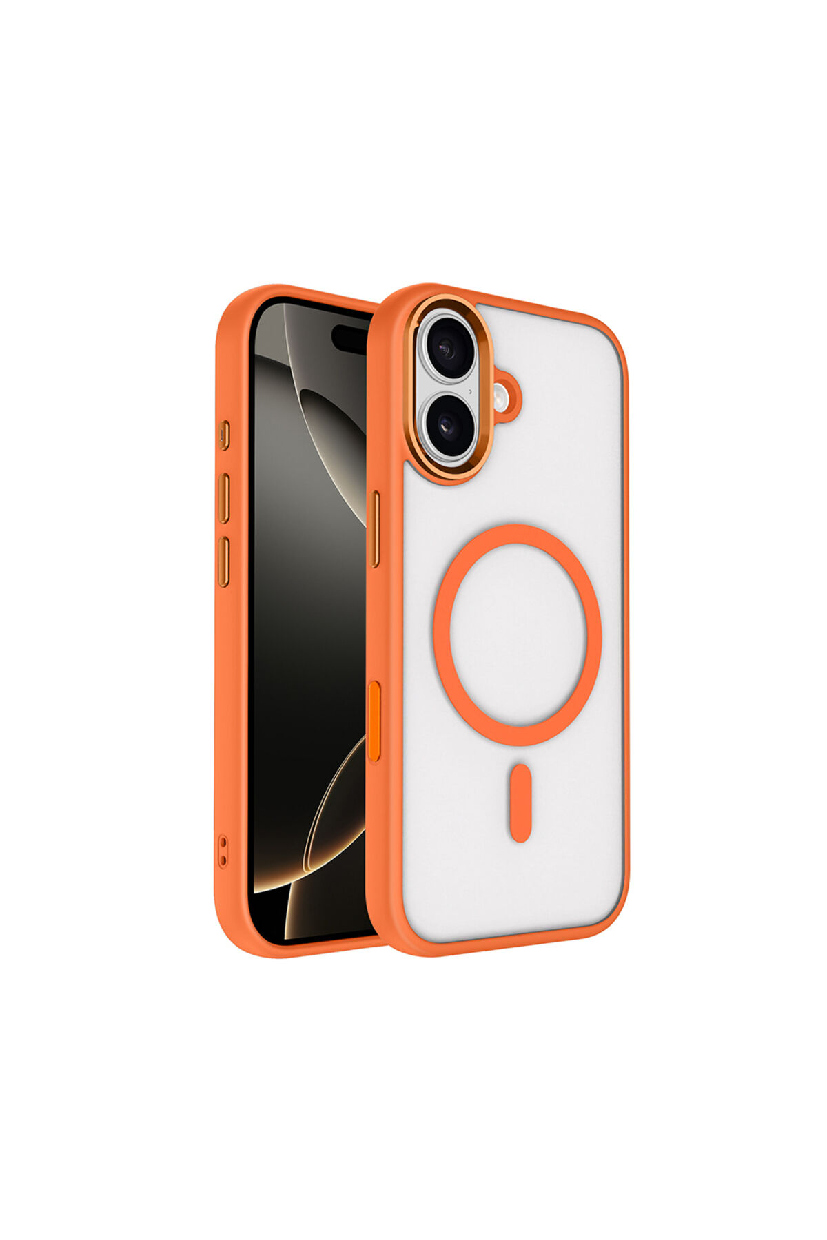 iPhone 17 Kılıf Wireless Şarj Özellikli Zore Krom M-safe Silikon Kapak - Turuncu Altın