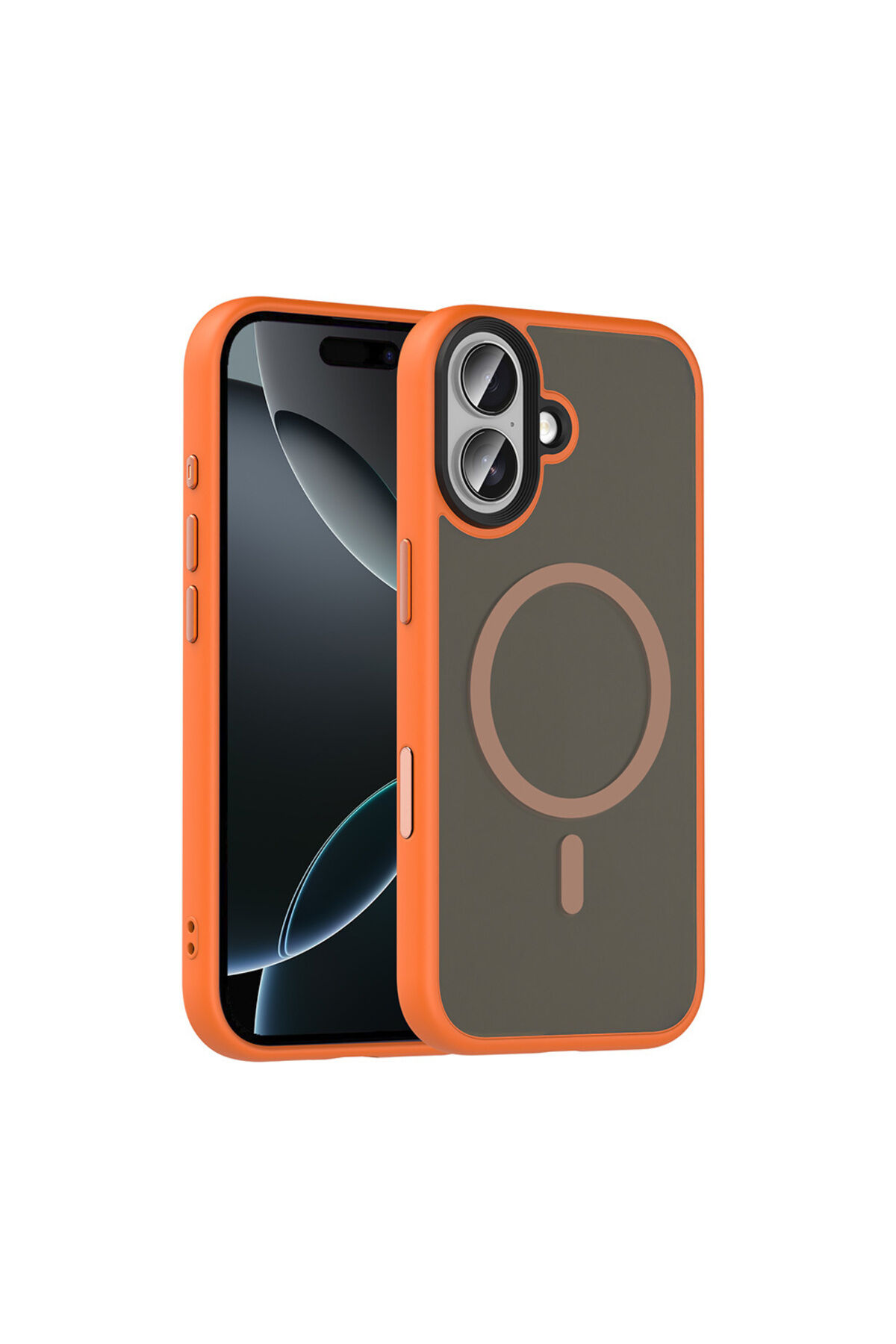 iPhone 17 Kılıf Mat Arka Yüzey Wireless Şarj Özellikli Zore Flet M-safe Kapak - Lacivert Turuncu