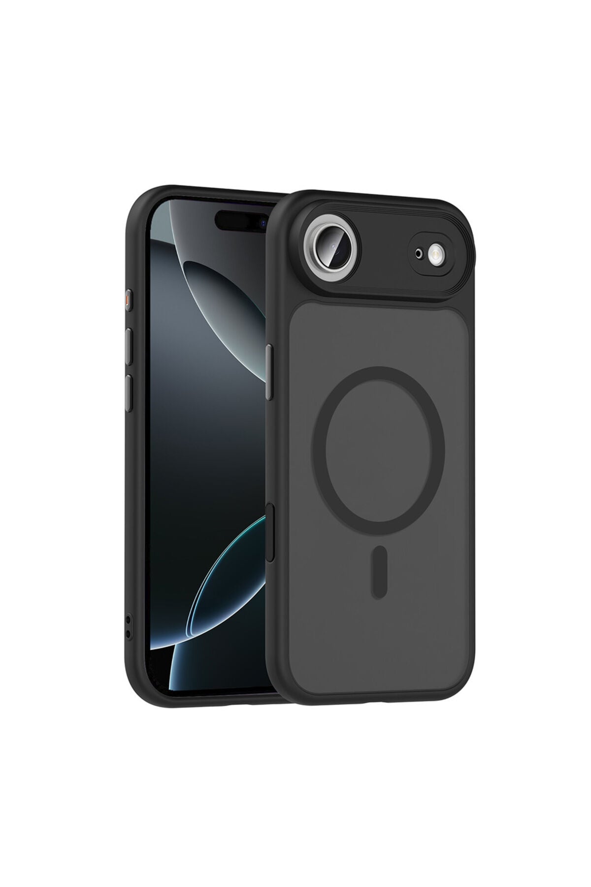 iPhone 17 Air Kılıf Mat Arka Yüzey Wireless Şarj Özellikli Zore Flet M-safe Kapak - Turuncu Siyah