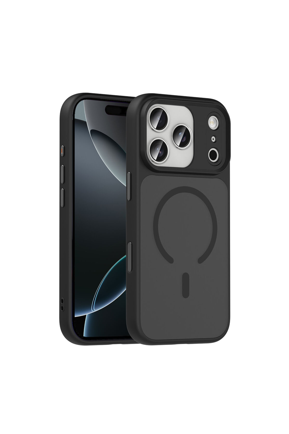 iPhone 17 Pro Kılıf Mat Arka Yüzey Wireless Şarj Özellikli Zore Flet M-safe Kapak - Turuncu Siyah