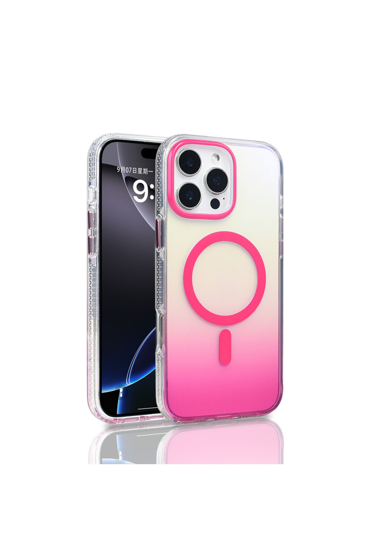 iPhone 16 Pro Max Kılıf M-safe Şarj Özellikli Transparan Renk Geçişli Zore Toros Kapak - Siyah Pembe