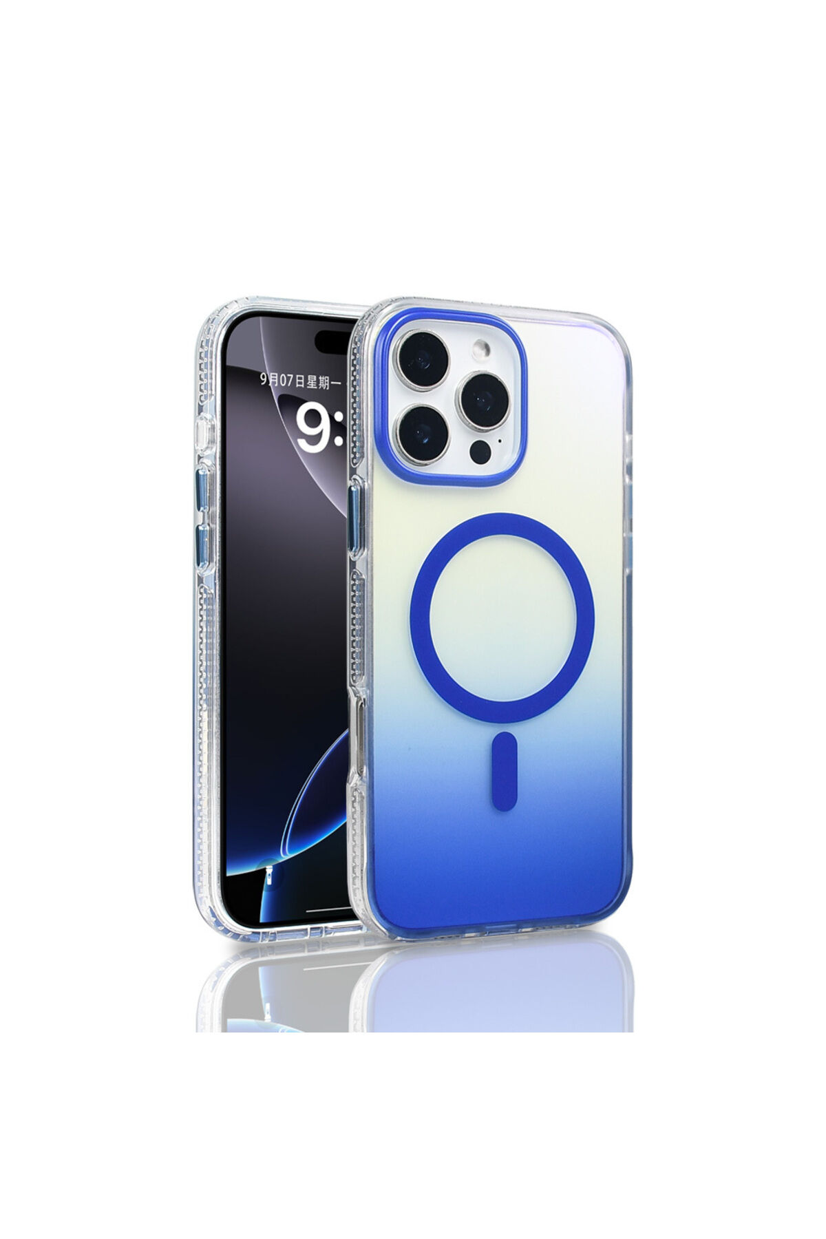 iPhone 16 Pro Max Kılıf M-safe Şarj Özellikli Transparan Renk Geçişli Zore Toros Kapak - Siyah Mavi