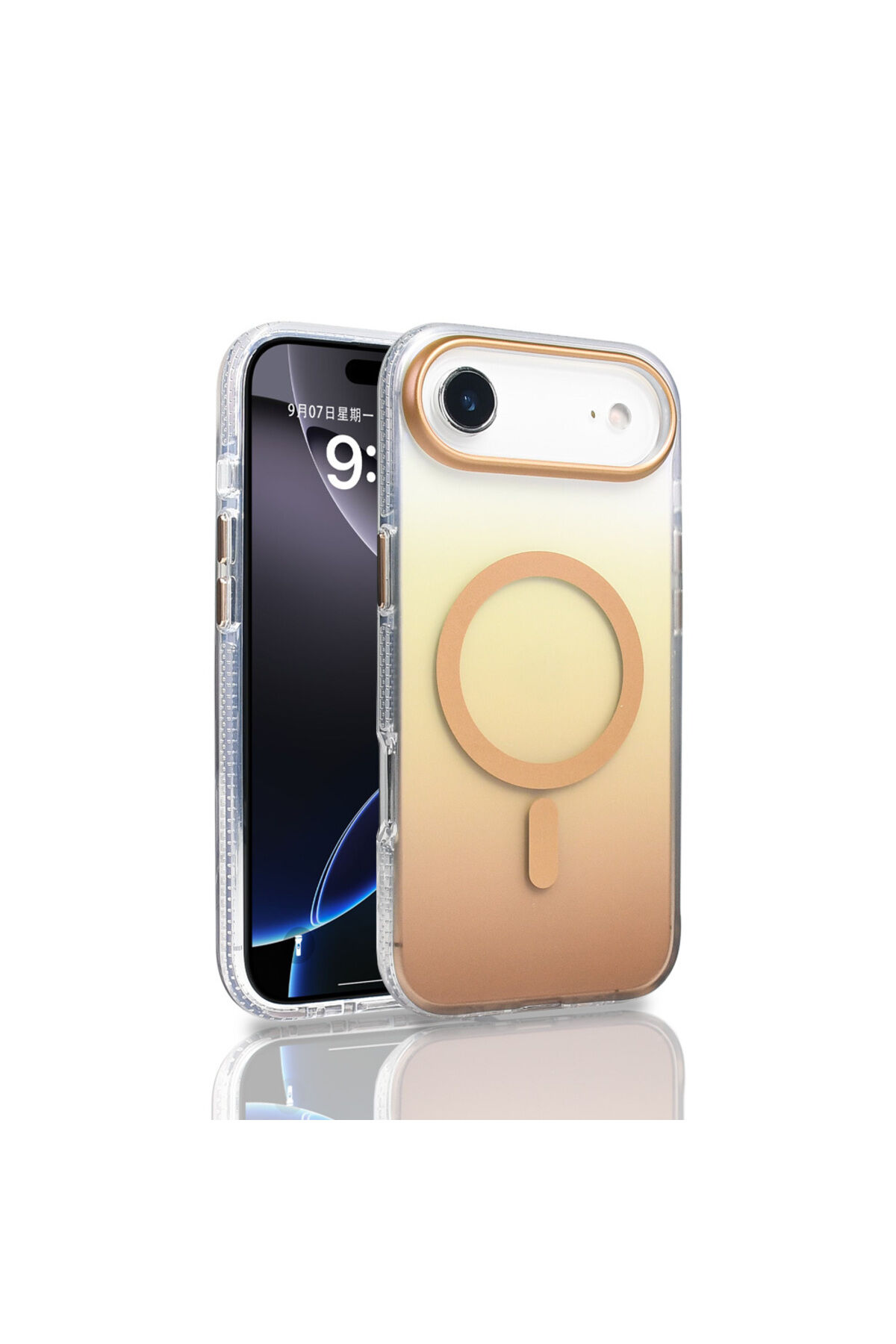 iPhone 17 Air Kılıf M-safe Şarj Özellikli Transparan Renk Geçişli Toros Kapak - Gri Altın