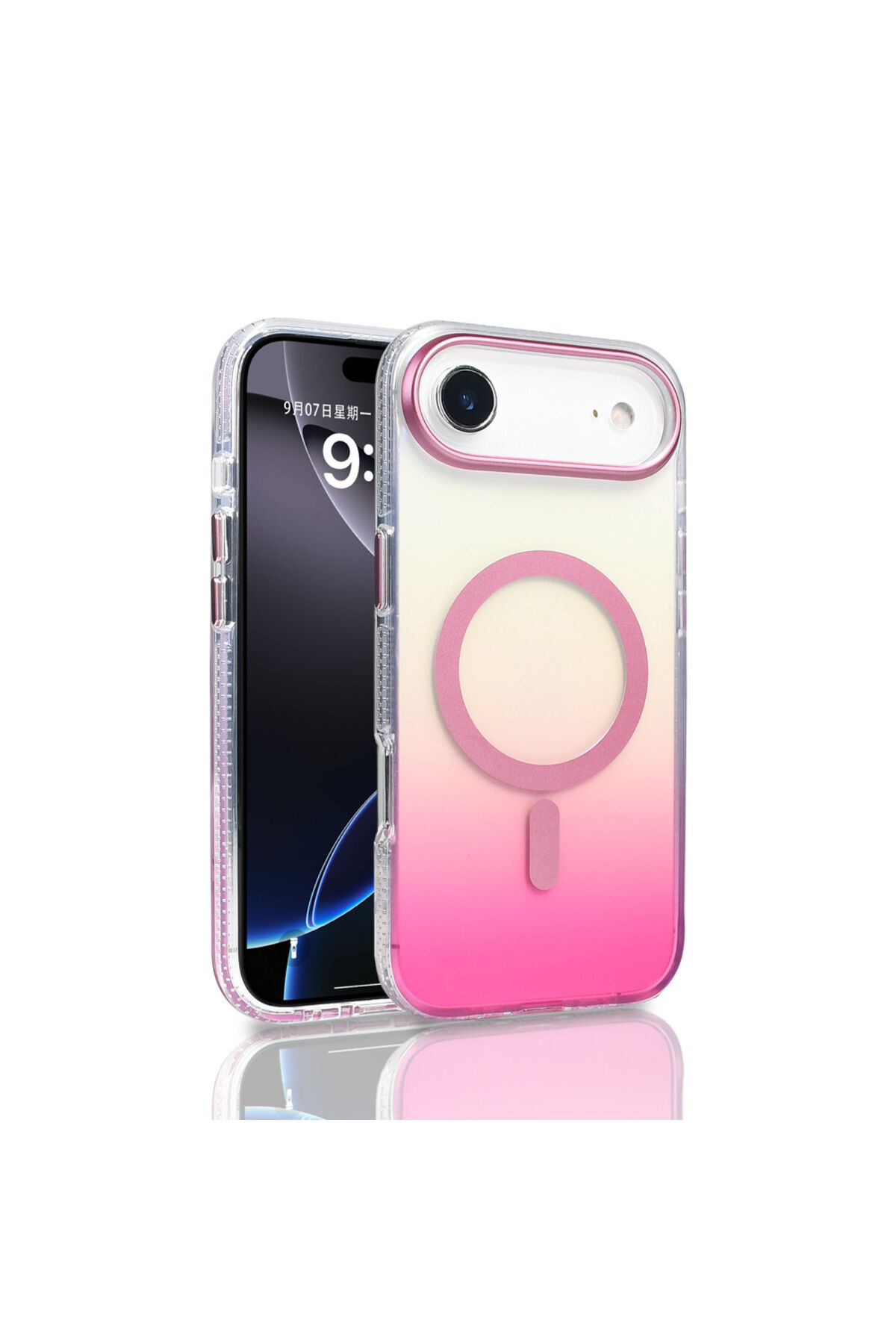 iPhone 17 Air Kılıf M-safe Şarj Özellikli Transparan Renk Geçişli Toros Kapak - Gri Pembe