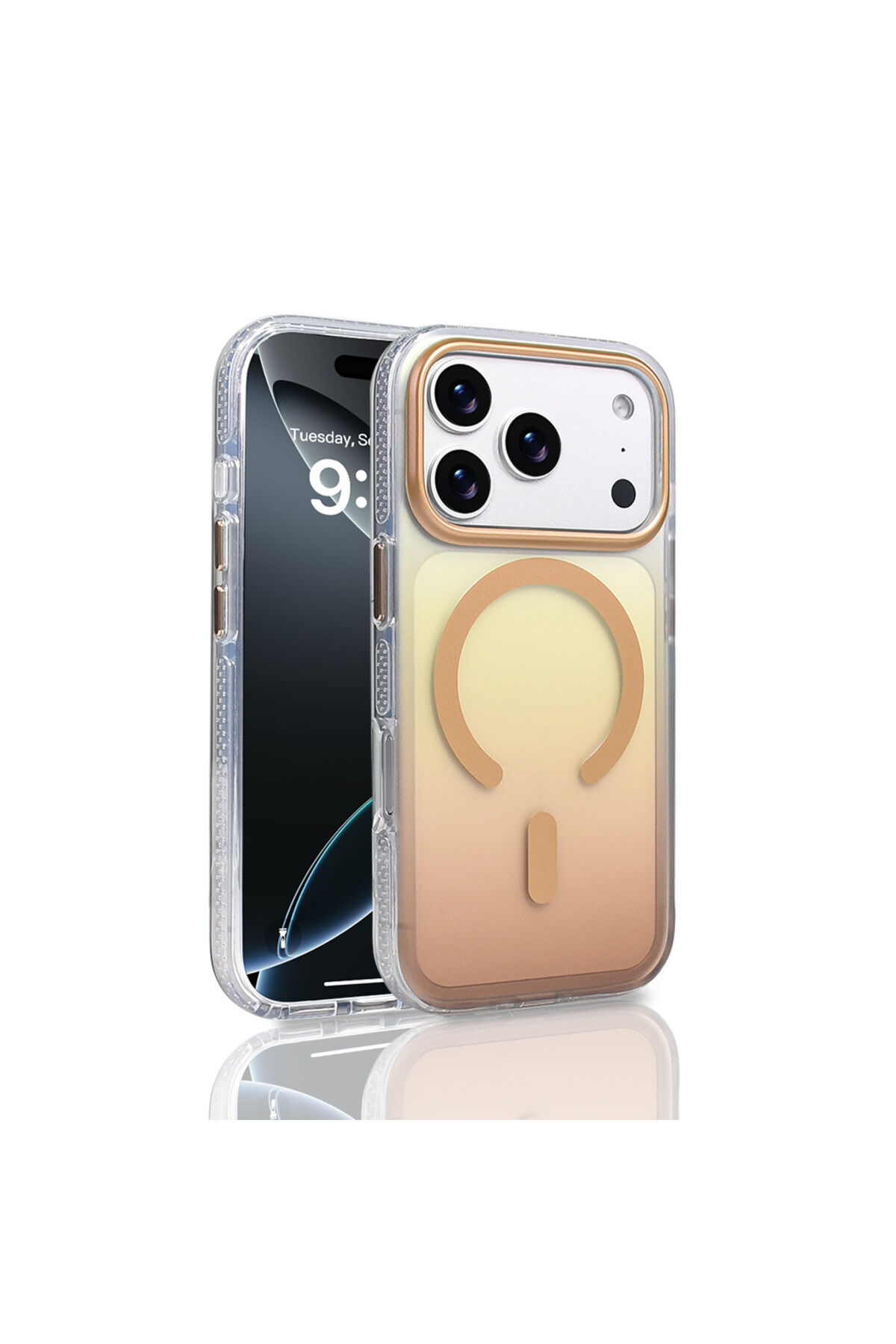 iPhone 17 Pro Kılıf M-safe Şarj Özellikli Transparan Renk Geçişli Zore Toros Kapak - Siyah Altın