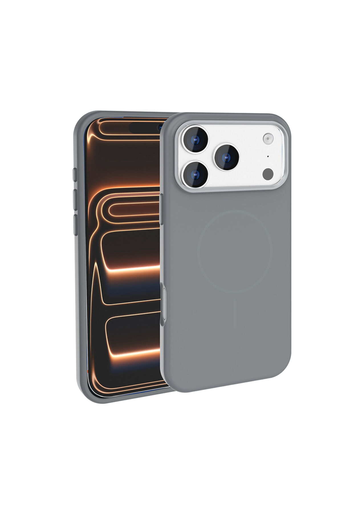 iPhone 17 Pro Kılıf M-Safe Şarj Özellikli Metal Kamera Çerçeveli Zore Edi Silikon Kapak - Turuncu Gri