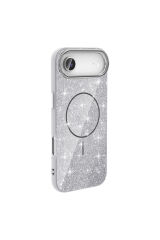 iPhone 17 Air Kılıf M-safe Şarj Özellikli Parlayan Simli Zore Okso Kapak - Derin Mor Beyaz