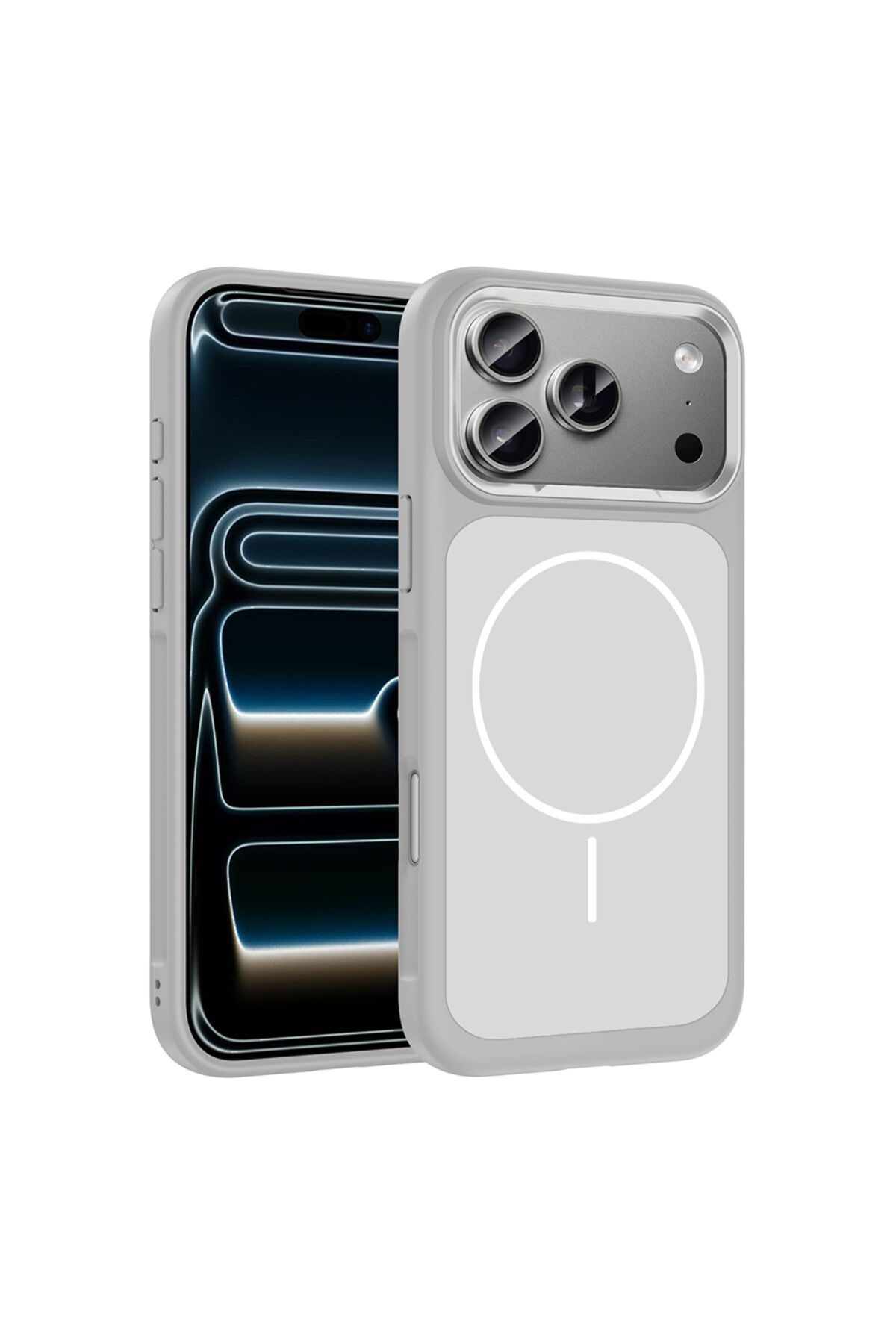 iPhone 17 Pro Kılıf M-Safe Şarj Özellikli Metal Kamera Çerçeveli Zore Sanremo Silikon Kapak - Gri Beyaz