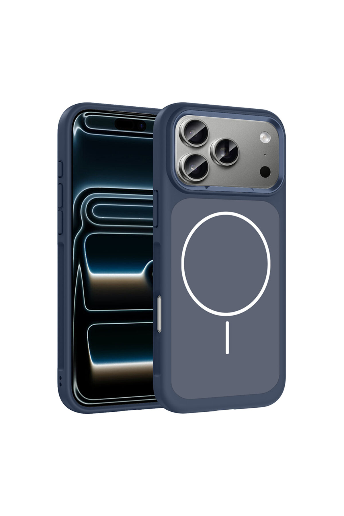 iPhone 17 Pro Kılıf M-Safe Şarj Özellikli Metal Kamera Çerçeveli Zore Sanremo Silikon Kapak - Gri Lacivert