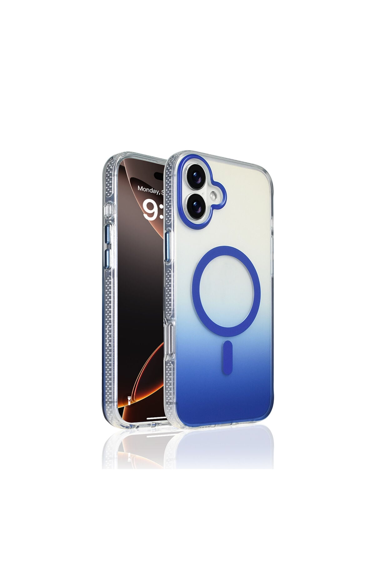 iPhone 16 Plus Kılıf M-safe Şarj Özellikli Transparan Renk Geçişli Zore Toros Kapak - Mavi Mavi