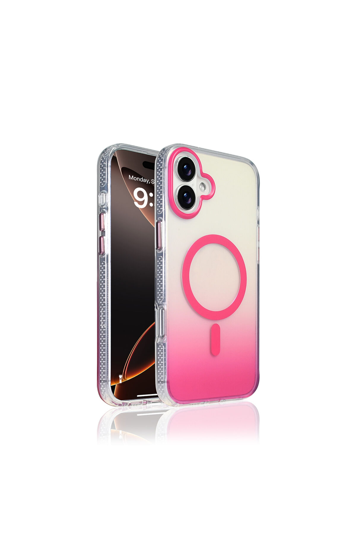 iPhone 16 Plus Kılıf M-safe Şarj Özellikli Transparan Renk Geçişli Zore Toros Kapak - Mavi Pembe