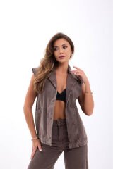 Denim Yelek Takım Üstü – %100 Pamuk L - Kahverengi