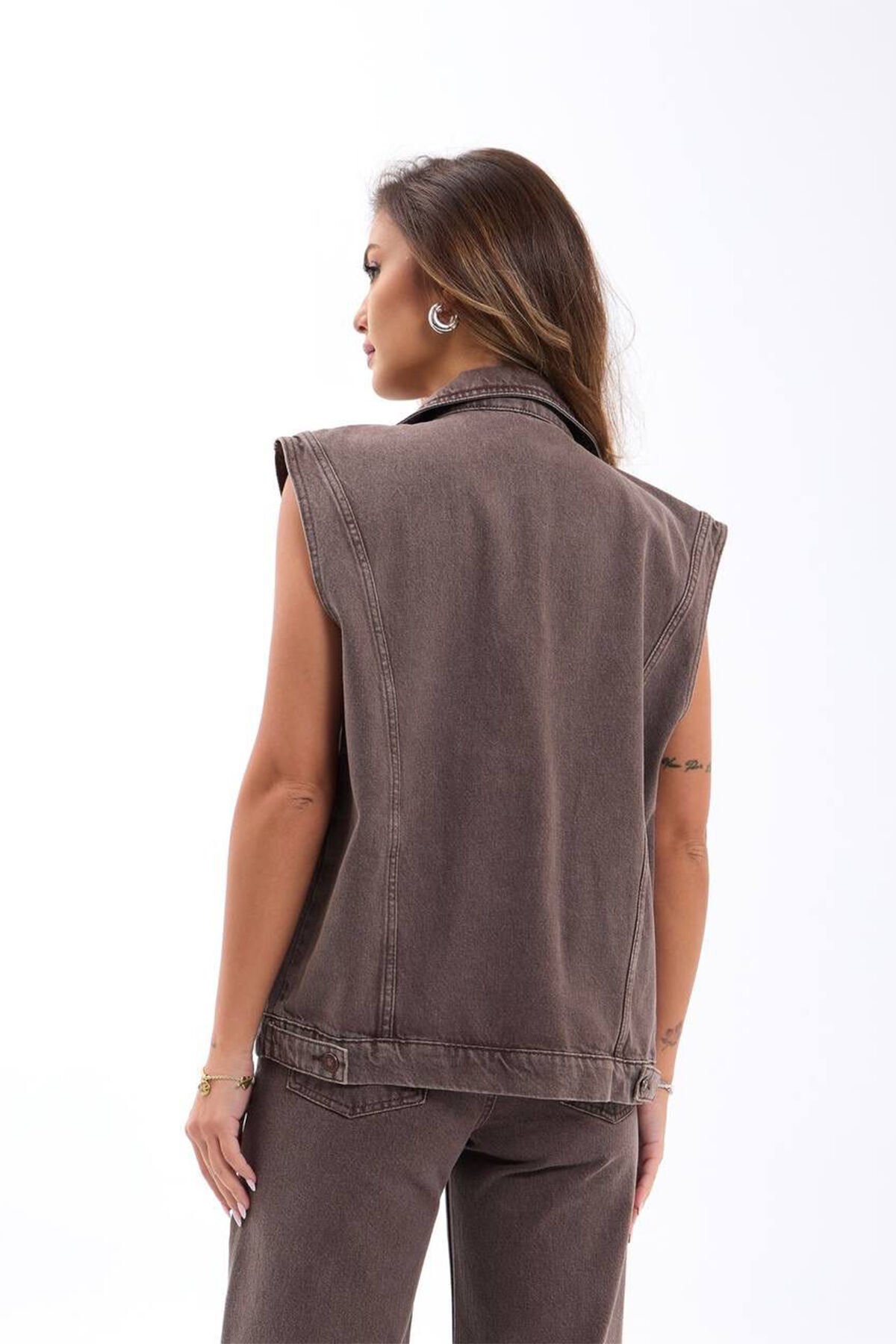 Denim Yelek Takım Üstü – %100 Pamuk L - Kahverengi