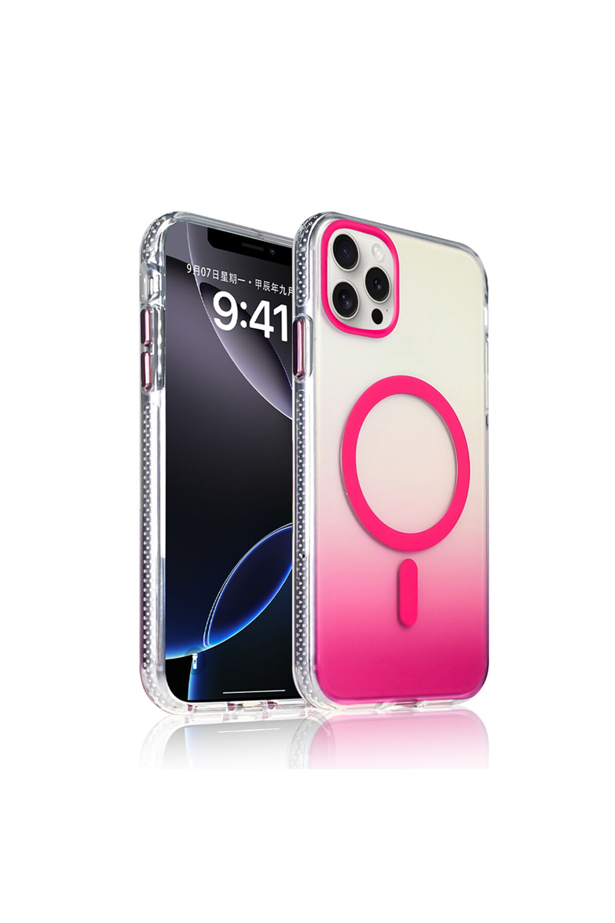 iPhone 16 Pro Kılıf M-safe Şarj Özellikli Transparan Renk Geçişli Zore Toros Kapak - Siyah Pembe