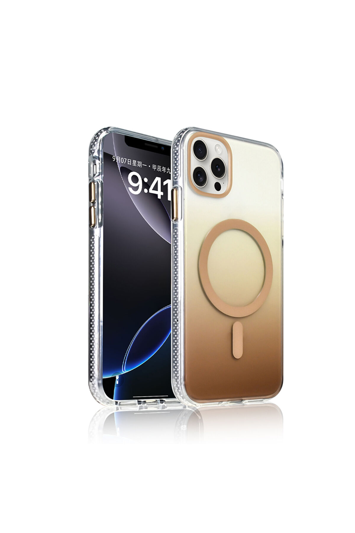 iPhone 16 Pro Kılıf M-safe Şarj Özellikli Transparan Renk Geçişli Zore Toros Kapak - Siyah Altın