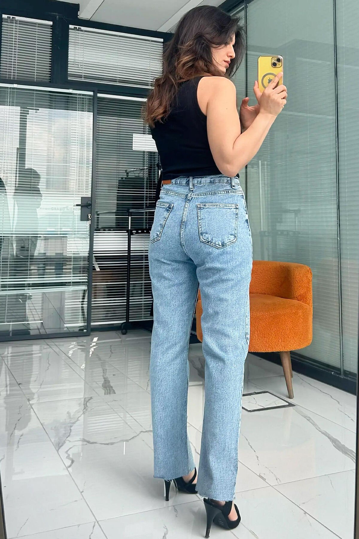 Sim Detaylı Jean Pantolon –  Yüksek Bel Denim Buz Mavi - 42