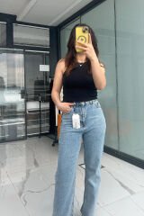 Sim Detaylı Jean Pantolon –  Yüksek Bel Denim Buz Mavi - 42