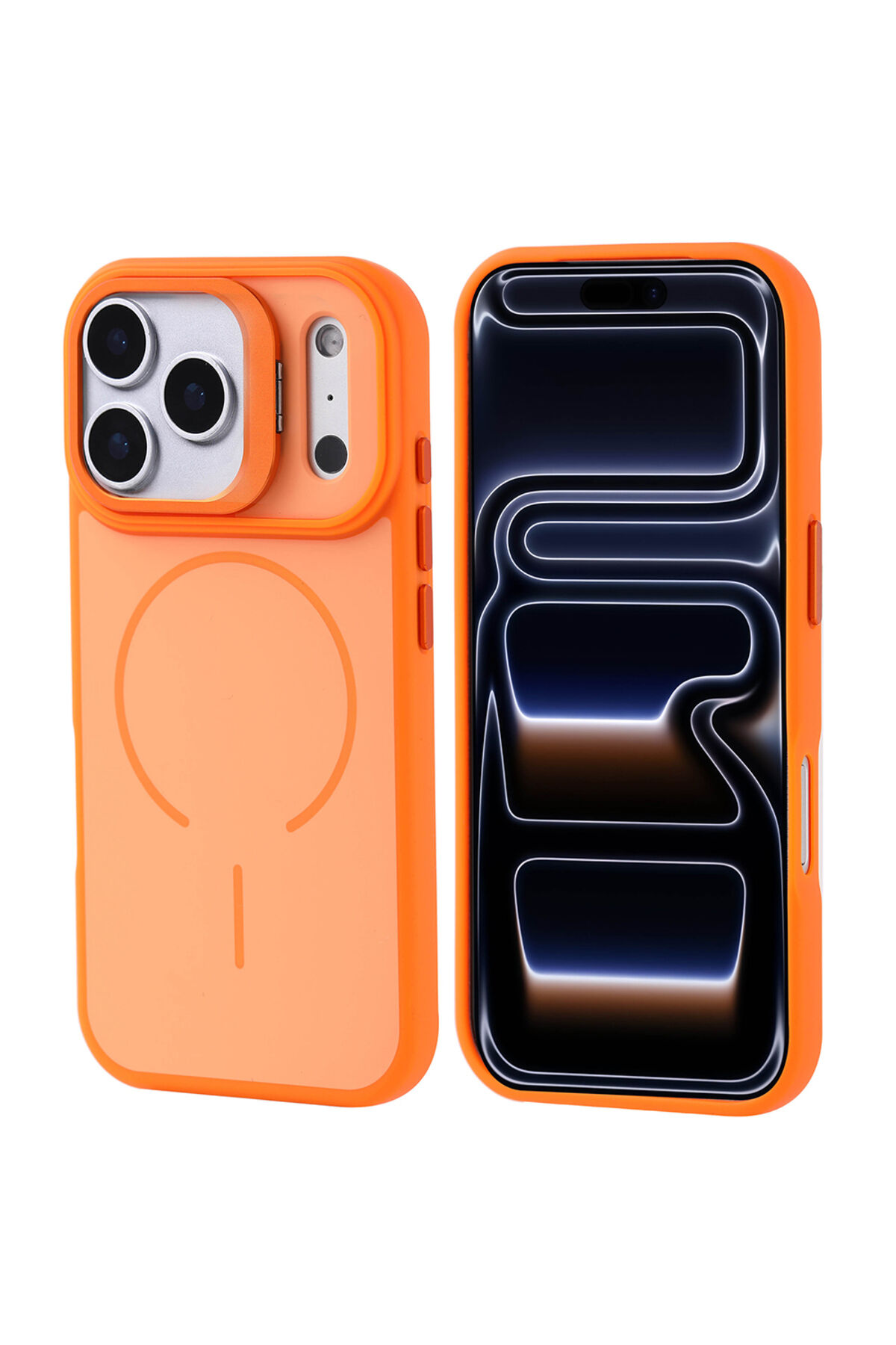 iPhone 17 Pro Kılıf M-safe Şarj Özellikli Kamera Standlı Zore Notron Kapak - Lacivert Turuncu
