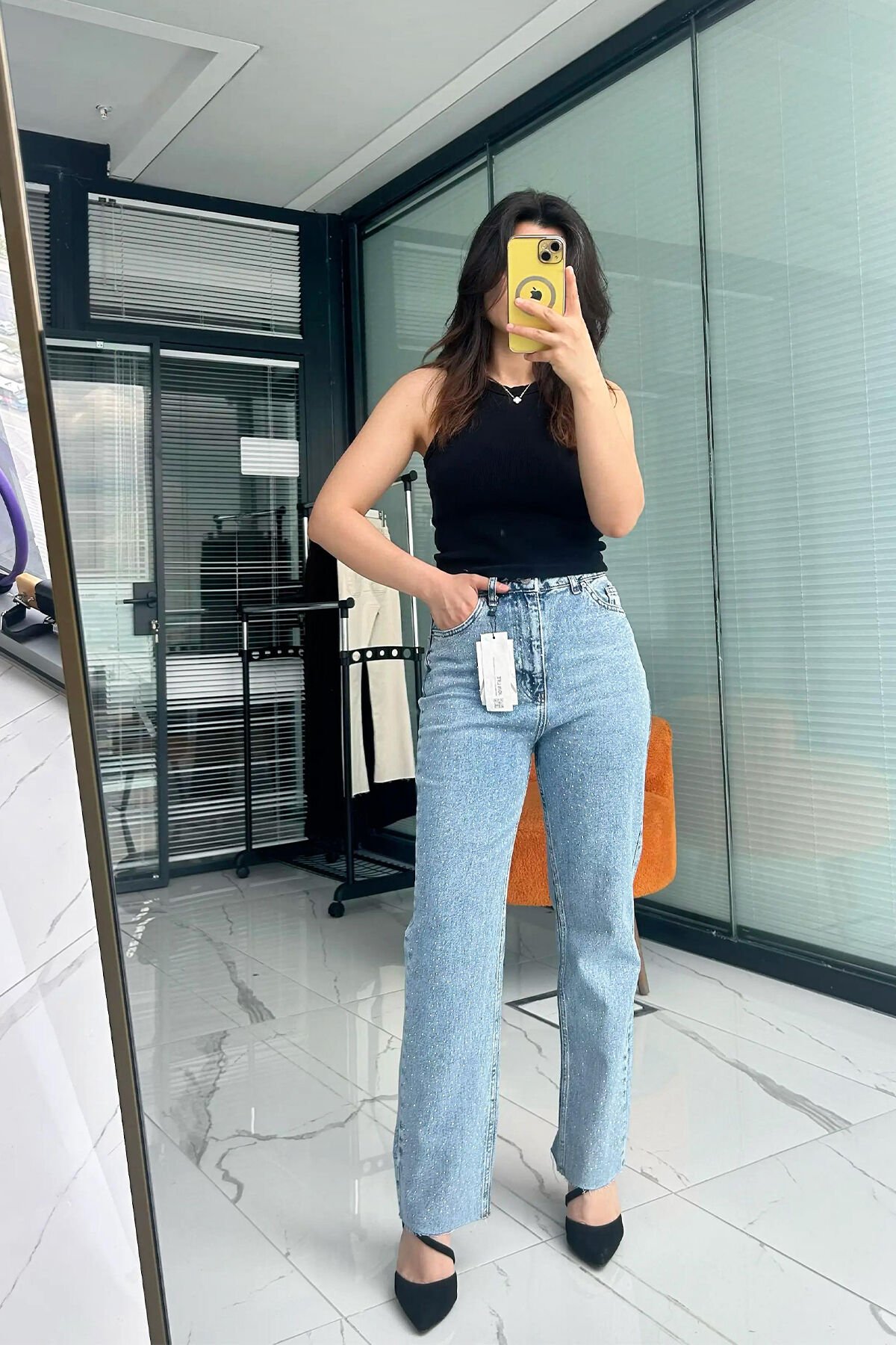 Sim Detaylı Jean Pantolon –  Yüksek Bel Denim Buz Mavi - 42