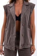 Denim Yelek Takım Üstü – %100 Pamuk L - Kahverengi