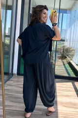 Salaş T-Shirt Pileli Pantolon İkili Takım Füme - L