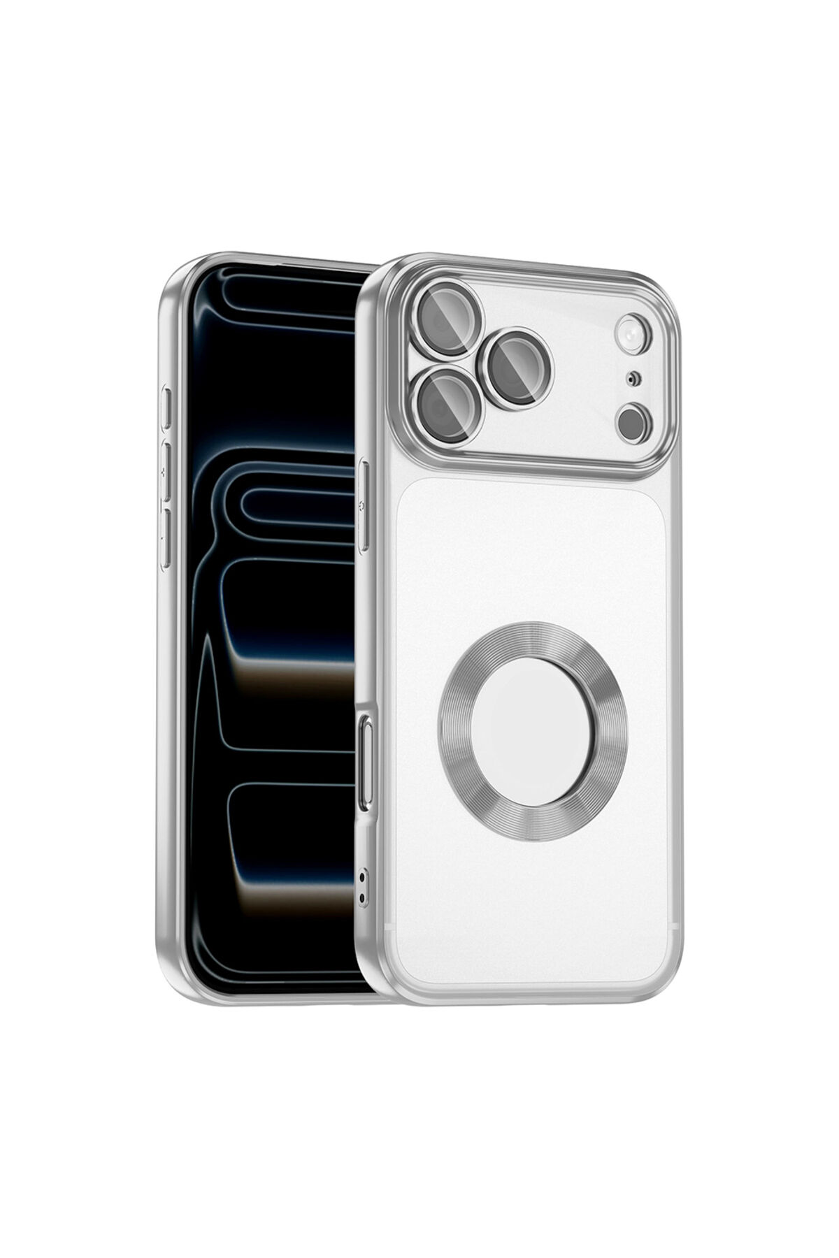 iPhone 17 Pro Kılıf Kamera Korumalı Logo Gösteren Zore Omega Kapak - Turuncu Gümüş