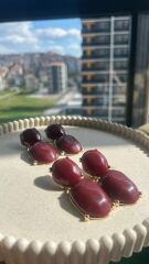 Bordo Taş Detaylı Vintage Küpe Bordo
